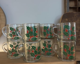 Vintage Set of 8 Indiana Glass Holly Berry Christmas Mugs- VTG 1980s Pressed Glass Eggnog Mug - VTG Christmas Mugs