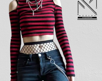 Tops cortos góticos para mujer / Camiseta ajustada informal de manga larga / Estilo grunge punk streetwear