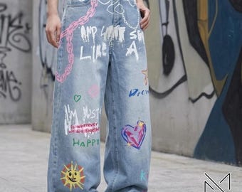 Graffiti Wide Leg Pants | Loose High Waist Jeans | Y2K Streetwear Style | Casual Trend