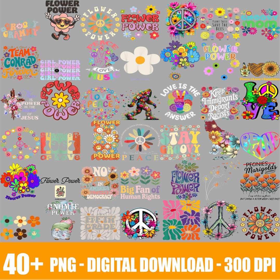 Flower Power PNG Bundle, Retro 70s PNG, Groovy Floral Clipart, Vintage ...