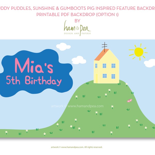 Muddy Puddles, Sunshine and Gumboots Pig Backdrop Design (PDF imprimable, option 1)