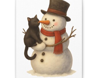 Black Cat & Snowman 8" x 10" Canvas | Winter Feline Wall Decor | Vintage Style Christmas Holiday | Kawaii Kitty Wall Art