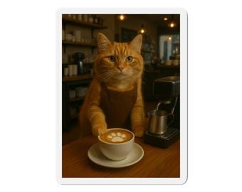 Ginger Cat Barista Die-Cut Magnet, Coffee Cat Refrigerator Magnet