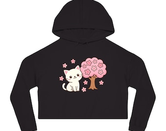 Kawaii Cat Cherry Blossom Cropped Hoodie, Cute Sakura Kitty Anime Sweatshirt, Pastel Aesthetic Cat Mom Gift