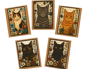 Vintage bloemen kattenportretten wenskaarten set 5, blanco Cottagecore briefpapier, schattige kat kawaii kat moeder cadeau
