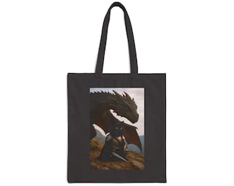 Dragon Cat Knight Silhouette Tote Bag | Fantasy Beast Canvas Tote