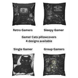 May include: Four black and white Gamer Cats pillow covers are displayed. The designs include "Retro Gamers," "Sleepy Gamer," "Single Gamer," and "Group Gamers." The text "Gamer Cats pillowcovers 4 designs available" is also present.