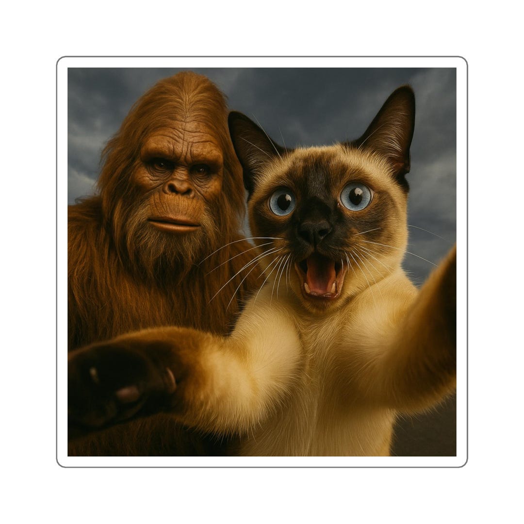 Samir Cat Surprised Siamese Cat Selfie With Bigfoot Sasquatch Square Sticker ...
