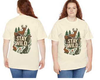 Stay Wild Forest Animals Graphic Tee, Deer Bear Fox Raccoon Kawaii Shirt, Woodland Outdoor Hiking Nature Gift