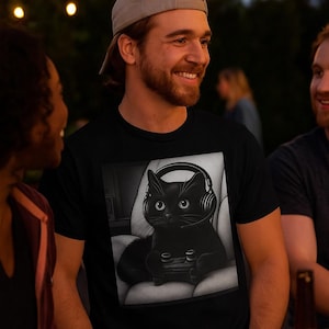 Gaming Cat T-Shirt, Funny Kawaii Black Cat Gamer Shirt, Video Game Graphic Tee, Cat Lover Gift image 1