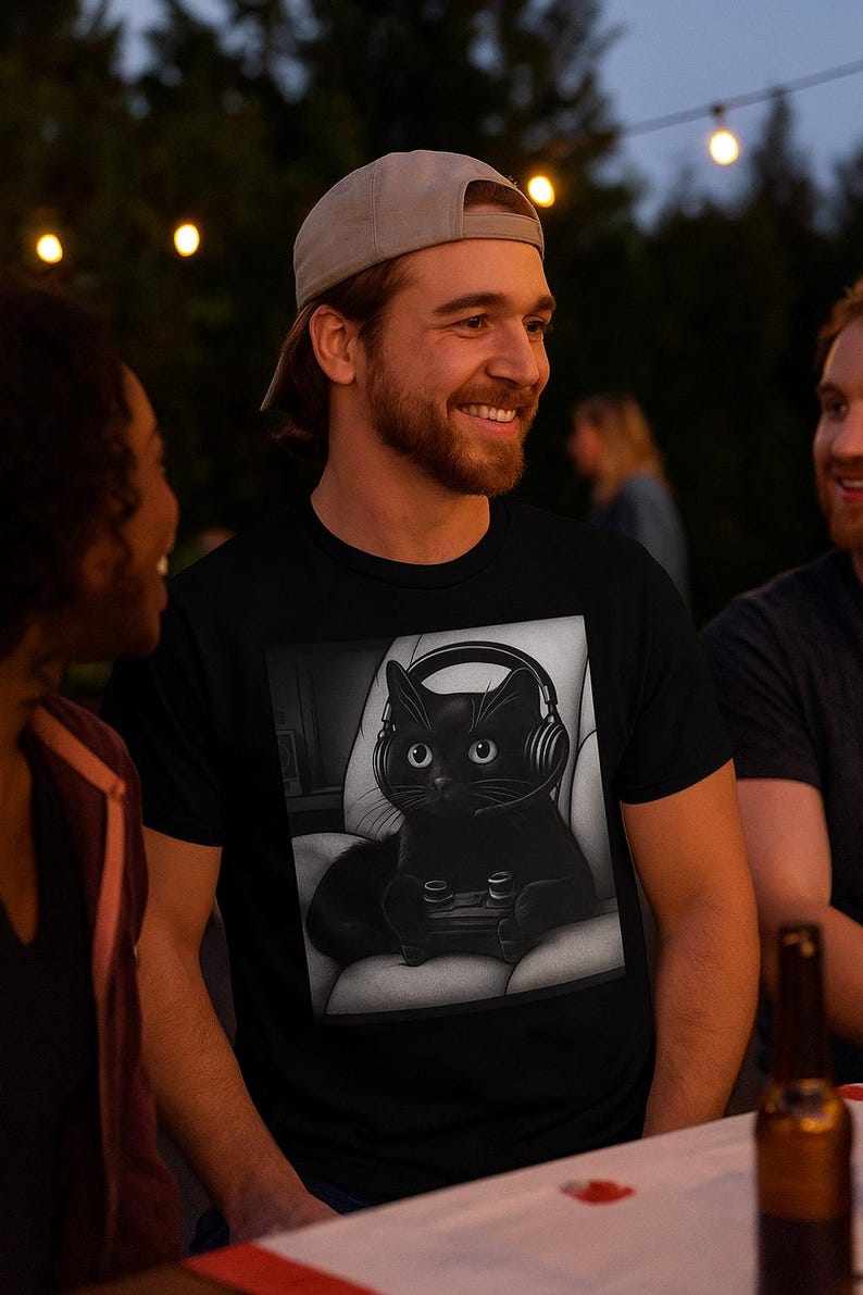 Gaming Cat T-Shirt, Funny Kawaii Black Cat Gamer Shirt, Video Game Graphic Tee, Cat Lover Gift image 1
