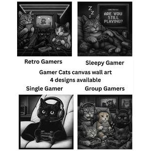May include: Monochrome canvas wall art showcasing four Gamer Cat designs. The designs are labelled "Retro Gamers", "Sleepy Gamer", "Single Gamer", and "Group Gamers". Text includes "Gamer Cats canvas wall art" and "4 designs available".