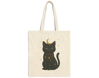 Mystical Black Cat Reusable Canvas Tote | Moon Goddess Feline Art | Cosmic Witchy Cat Lover Gift | Stars & Crescent Moon Reusable Kitty Bag
