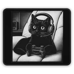 May include: Black mousepad featuring a black cat wearing a headset and holding a video game controller. The cat is sitting on a white chair. The image is a black and white illustration.