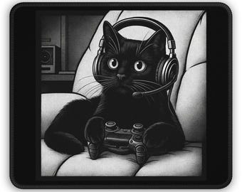 Black Cat-gamingmuismat, Cute Kitty headset-controller bureaumat, videogame-nerd cadeau voor gamer