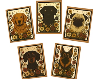 Vintage Floral Dog Portraits Greeting Cards Set 5, Blank Cottagecore Stationery, Cute Puppy Kawaii Dog Mom Gift