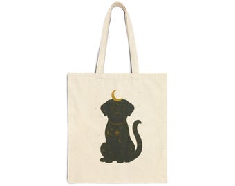 Celestial Black Dog Canvas Tote Bag, Moon Stars Witchy Gothic Shopping Bag, Kawaii Dog Mom Gift