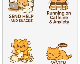 Stressed Cat Cute Cat Mental Health Stickers Sheets | Anxiety Cute Kitty Planner Stickers | Kawaii Feline Stickers for Cat Lovers