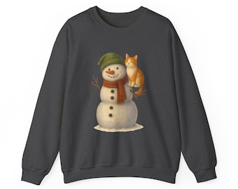 Orange Cat & Snowman Sweatshirt | Cozy Winter Feline Outerwear | Vintage Style Christmas Holiday Gift | Cute Seasonal Cat Lover Shirt
