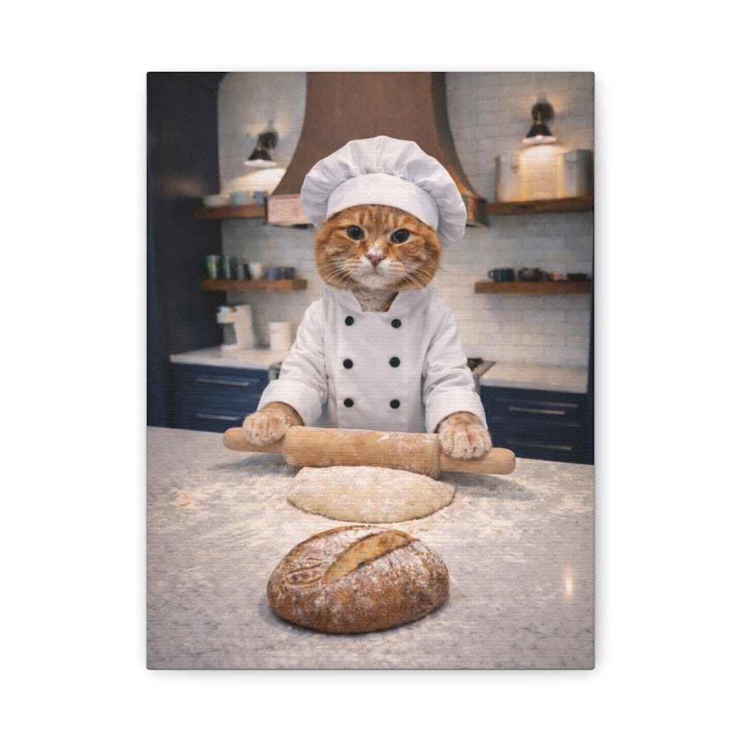 Baker Cat Chef Rolling Pin 9x12 Canvas Wall Art, Kitty Making Biscuits ...