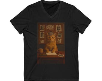 May include: Black V-neck t-shirt with a humorous image of a ginger cat detective. The cat is at a desk with a noticeboard, a coffee cup, and the word "Detective" on the desk.