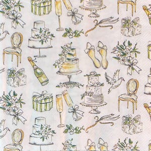 May include: White napkin with a repeating pattern of wedding-themed illustrations. The design includes wedding cakes, champagne bottles and glasses, gift boxes, doves, and floral bouquets. The illustrations are in shades of green, yellow, and gray.