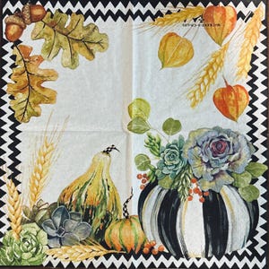 May include: A square paper napkin featuring a black and white chevron border. The design includes watercolor illustrations of acorns, oak leaves, wheat stalks, orange physalis, succulents, and pumpkins, one with black and white stripes.