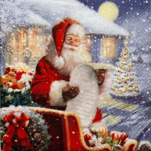 May include: A festive Christmas scene depicts Santa Claus in his red suit and hat, holding a list. He's in a sleigh filled with gifts, with a decorated Christmas tree and a snow-covered house in the background. A full moon shines in the night sky.