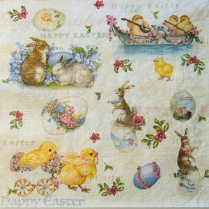 May include: A decorative paper napkin with an Easter theme. The design features bunnies, chicks, and decorated eggs, with floral accents and the words "Happy Easter" in a script font. The color palette includes pastels and earth tones.
