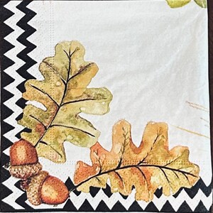 May include: A square paper napkin featuring a white background with a black and white chevron border along the left and bottom edges. The design includes two watercolor-style oak leaves in shades of green and gold, alongside two brown acorns.