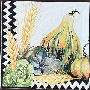 May include: A square paper napkin featuring a watercolor illustration of a yellow and green gourd, a smaller orange pumpkin, green succulents, and stalks of golden wheat. The design is framed by a black and white zigzag border on two sides.