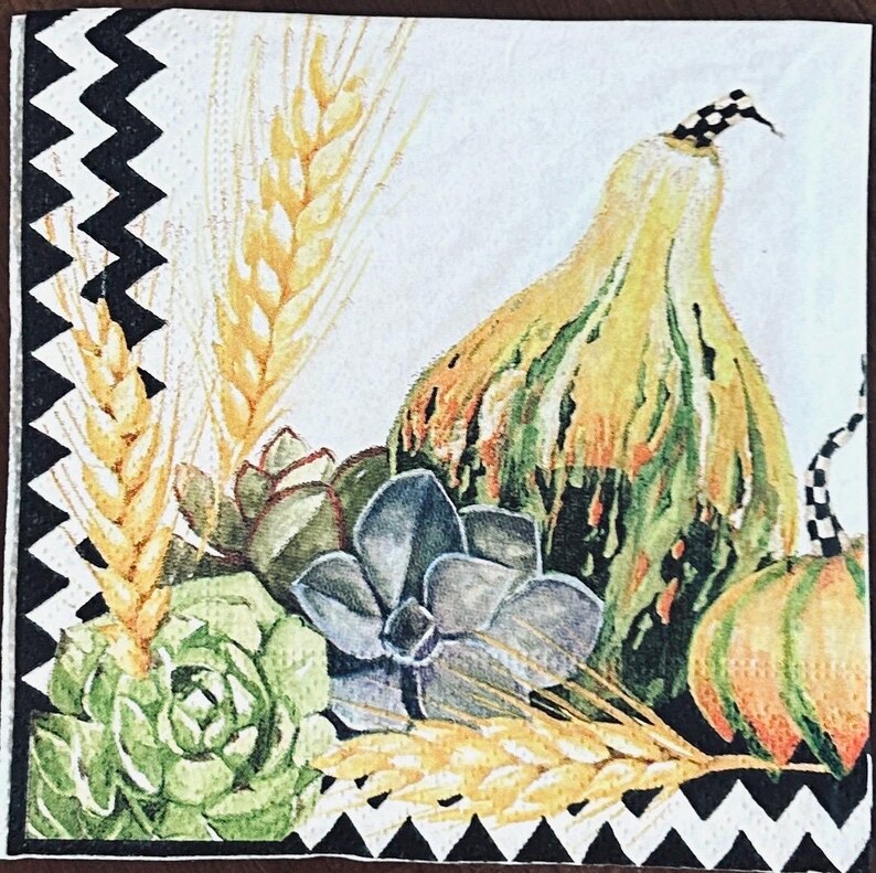 May include: A square paper napkin featuring a watercolor illustration of a yellow and green gourd, a smaller orange pumpkin, green succulents, and stalks of golden wheat. The design is framed by a black and white zigzag border on two sides.