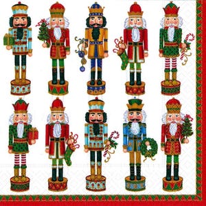 May include: A set of ten decorative nutcracker figures arranged in two rows, each wearing a crown and uniform in vibrant colors like red, green, blue, and gold. The figures hold various holiday items including gifts, stockings, wreaths, and candy canes.