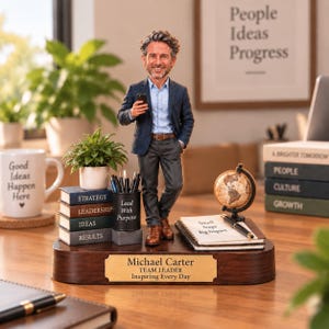 Puede incluir: Una figura personalizada de cabeza oscilante de un hombre con blazer azul y pantalones grises sobre una base de madera con una placa con el nombre Michael Carter, Team Leader, Inspiring Every Day, rodeada de artículos de oficina.