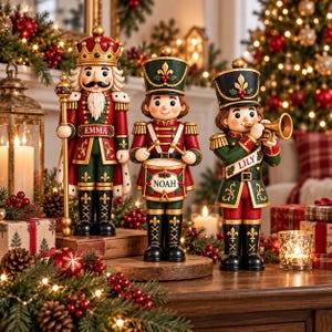 May include: Three decorative nutcracker figurines in red and green uniforms. The left figure wears a crown and holds a staff, labelled EMMA. The centre figure plays a drum, labelled NOAH. The right figure plays a trumpet, labelled LILY.