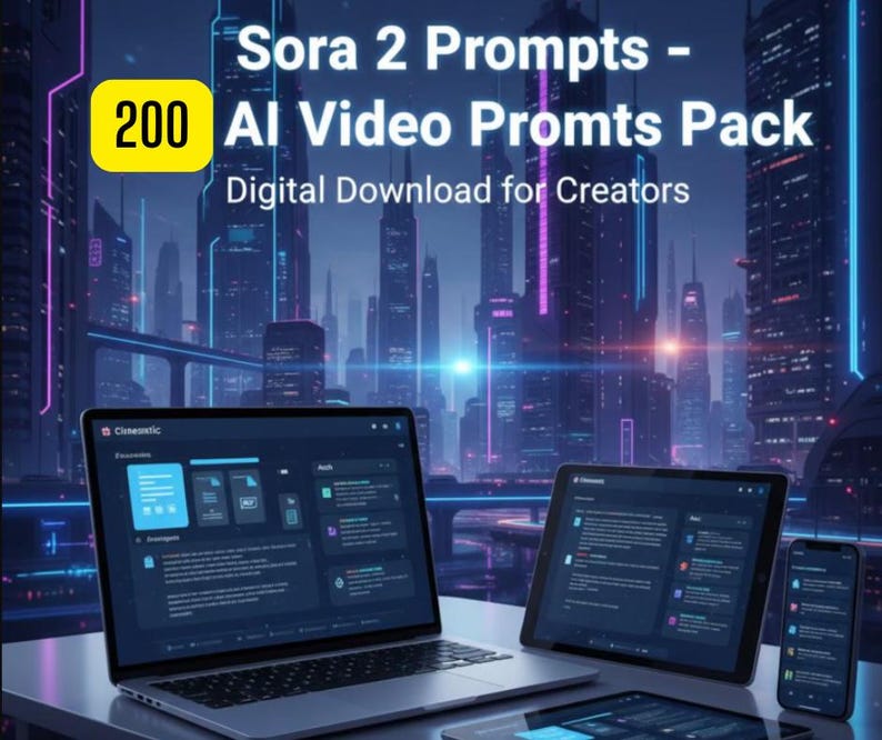 K&ouml;nnte beinhalten: Ein digitaler Download-Pack f&uuml;r Kreative mit 200 KI-Video-Prompts. Das Bild zeigt einen Laptop, ein Tablet und ein Smartphone, die eine Benutzeroberfl&auml;che anzeigen. Der Hintergrund zeigt eine futuristische Stadtlandschaft mit Neonlichtern.