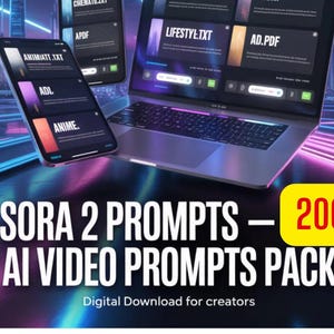 K&ouml;nnte beinhalten: Ein Laptop, Smartphone und Tablet zeigen eine digitale Oberfl&auml;che mit Textbeschriftungen. Das Bild wirbt f&uuml;r "SORA 2 PROMPTS - AI VIDEO PROMPTS PACK" mit einer "200"-Anzahl in einem gelben Feld. Der Text "Digital Download for creators" ist ebenfalls enthalten.