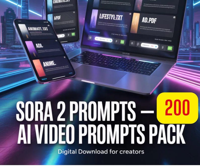 K&ouml;nnte beinhalten: Ein Laptop, Smartphone und Tablet zeigen eine digitale Oberfl&auml;che mit Textbeschriftungen. Das Bild wirbt f&uuml;r "SORA 2 PROMPTS - AI VIDEO PROMPTS PACK" mit einer "200"-Anzahl in einem gelben Feld. Der Text "Digital Download for creators" ist ebenfalls enthalten.