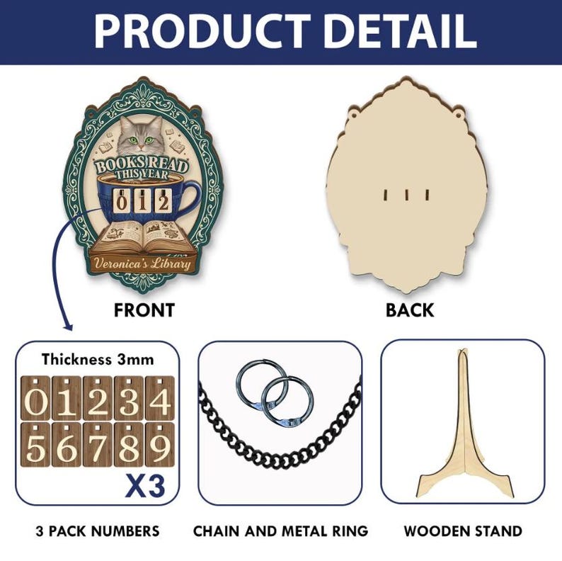 May include: A wooden book-themed plaque with a cat design, the text "BOOKS READ THIS YEAR", and the number "012". Includes a wooden stand, chain, metal ring, and a set of number tiles. The plaque is 3mm thick.