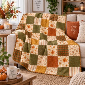 May include: A patchwork quilt featuring a repeating grid of squares in autumn-inspired colours including olive green, burnt orange, and cream. The fabric squares display patterns of maple leaves, small floral motifs, and vertical stripes in a seasonal design.