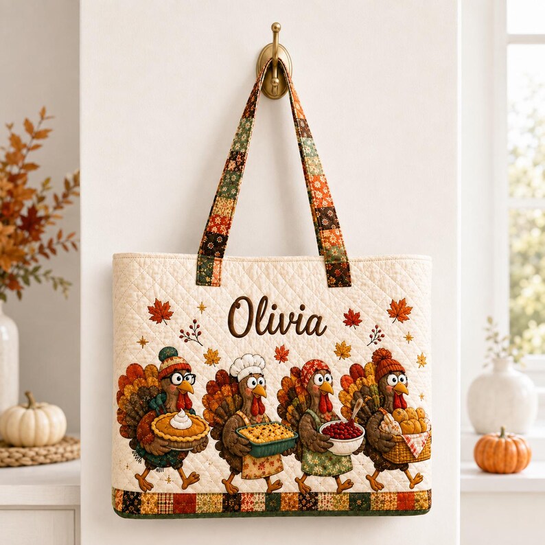 May include: A quilted tote bag featuring the name Olivia in brown script, surrounded by four turkeys wearing hats and carrying Thanksgiving food items, with a patchwork pattern on the handles and bottom edge, hanging from a gold wall hook.