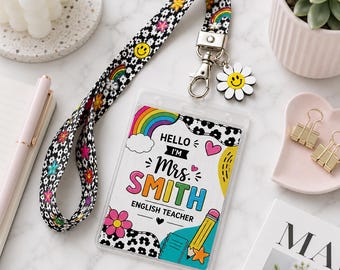 Personalized Teacher Badge Holder Customized Floral Rainbow Lanyard ID Card Case Gift for English Teacher Nurse Coworker Back to School