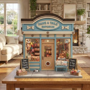 Puede incluir: Una maqueta en miniatura de una tienda de mascotas con una fachada azul claro y beige. El letrero dice "Paws & Tails Emporium". Dos pequeñas pizarras negras muestran texto. La tienda está llena de juguetes y accesorios para mascotas. Un pequeño banco y un cuenco para perros están delante.