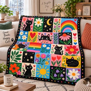 May include: A quilted throw blanket featuring a grid of colourful squares with illustrations of black cats, vibrant flowers, rainbows, hearts, stars, a crescent moon, and a sun. The quilt has a black border with small multicoloured polka dots.