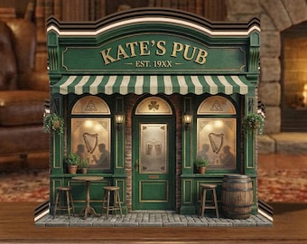 Personalized Irish Pub Miniature, Custom Bar Name Decor, St Patrick’s Day Gift, Celtic Green Tavern Display, Rustic Wooden Pub Model