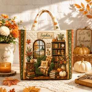 Può includere: Una borsa trapuntata con una scena autunnale stampata che raffigura una poltrona verde, una libreria e una finestra. Il nome Sophia è stampato su un'etichetta rettangolare in alto. La borsa ha due manici e pannelli laterali verdi.