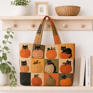 Op de afbeelding: Een gewatteerde tote bag met een patchworkontwerp van oranje pompoenen en zwarte katten. De stoffen vierkanten tonen diverse patronen, waaronder vichy, bloemen en effen kleuren. De tas heeft twee bijpassende stoffen hengsels en een rechthoekige vorm.