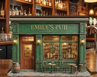 Decoración de bloque de madera de pub irlandés personalizada, nombre de bar personalizado, regalo de escaparate en miniatura para él, arte rústico para estantería de cueva de hombre, recuerdo único para el hogar