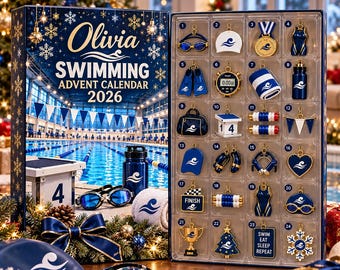Calendario de Adviento de Natación Personalizado, Cuenta Regresiva Navideña para Nadadores, 24 Adornos de Natación, Regalo Personalizado para Atletas 2026, Regalo Navideño para Equipos de Piscina