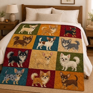 Peut inclure: Un plaid matelassé présentant une grille de douze illustrations distinctes de chiens Chihuahua. Chaque chien est placé sur un fond carré de couleur unie dans des tons de vert, orange, rouge, bleu et beige, montrant diverses robes et motifs.